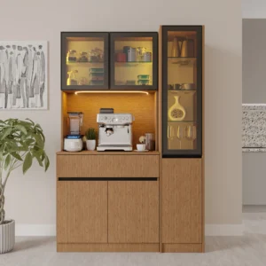 Bambu Midi Sağ Vitrinli Komple MDF LED Aydınlatmalı Kahve Köşesi