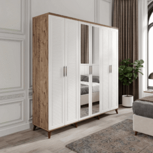 Ücretsiz Montaj Paris 6 Kapaklı Aynalı Komple MDF Atlantik Çam-Beyaz Gardırop