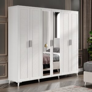 Ücretsiz Montaj Paris 6 Kapaklı Aynalı Komple MDF Beyaz Gardırop