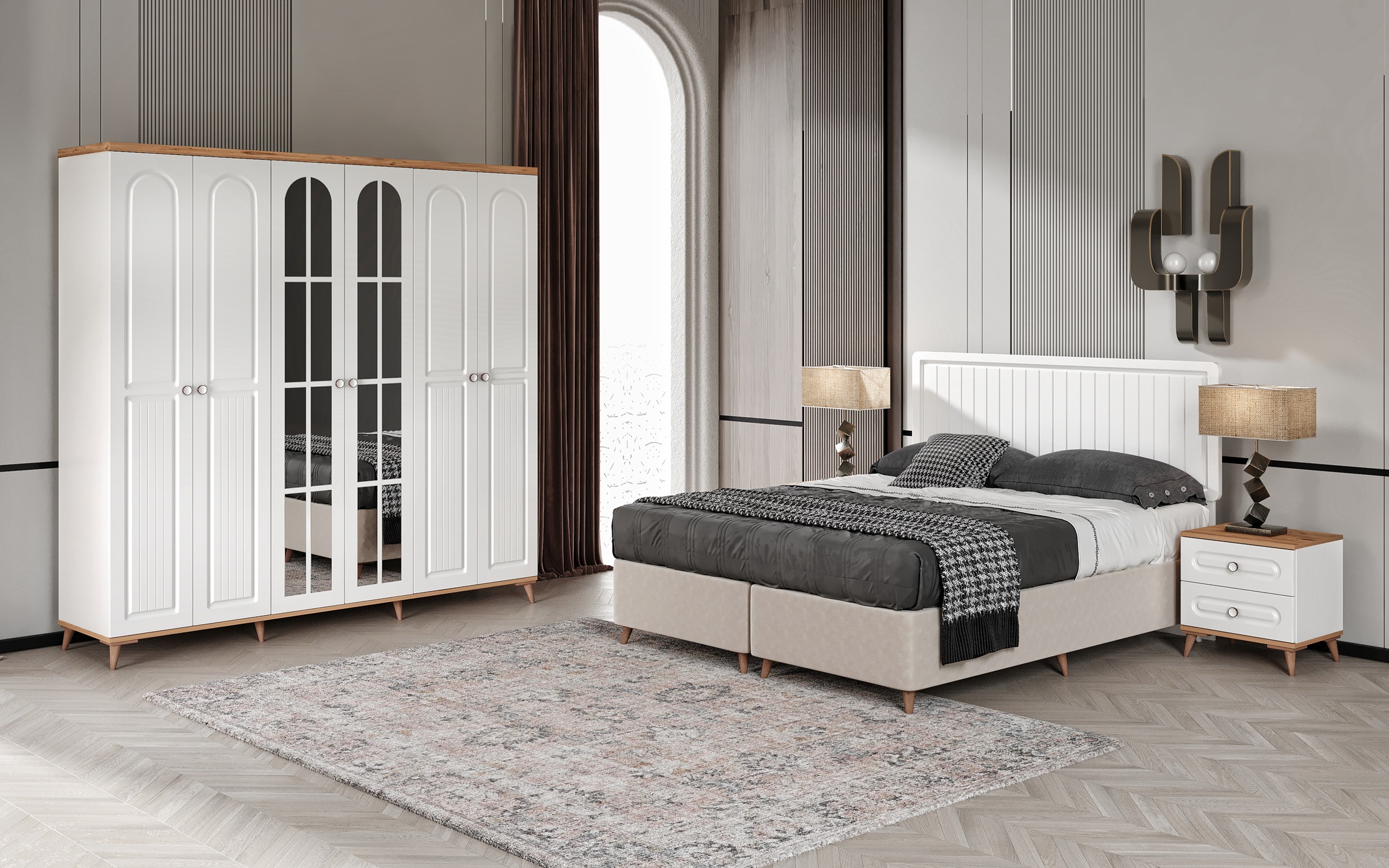 Ücretsiz Montaj Bohem 6 Kapaklı Komple MDF Yatak Odası Takımı